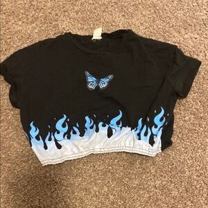 Black Crop Top with Blue Butterfly and Flame Design